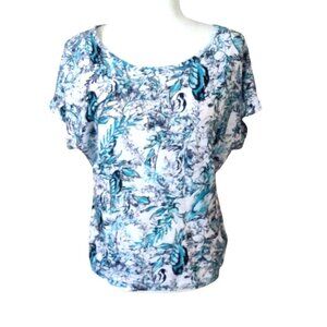 Tahari Women's Medium Blouse Top Floral Bird Print Short Sleeve Button-Back